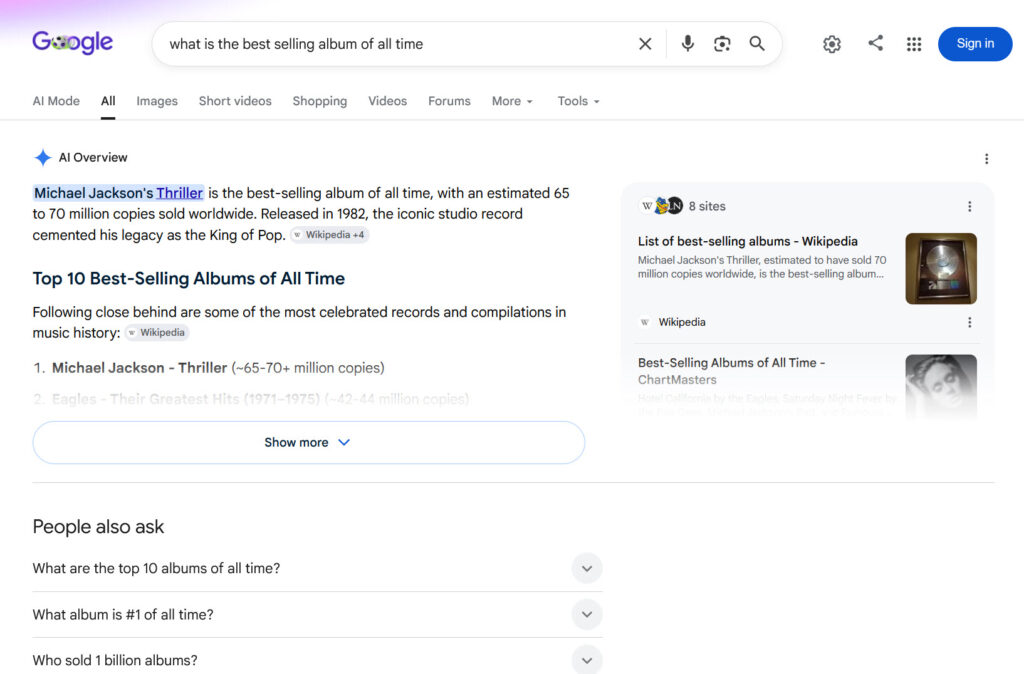 A Google AI Overview answering a query above the first organic search result.