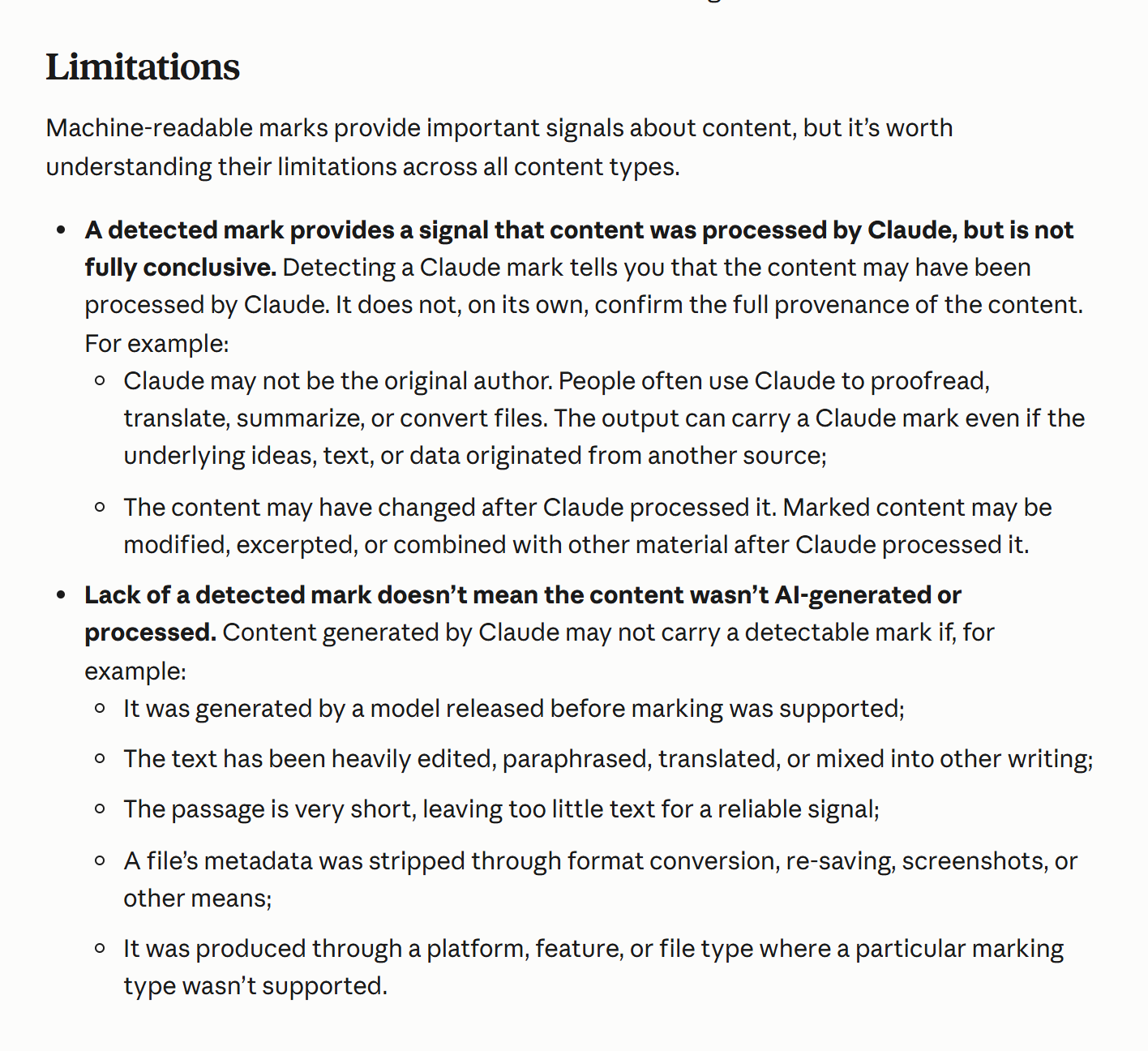 Anthropic Help Center page stating a detected mark shows content was processed by Claude but is not fully conclusive.
