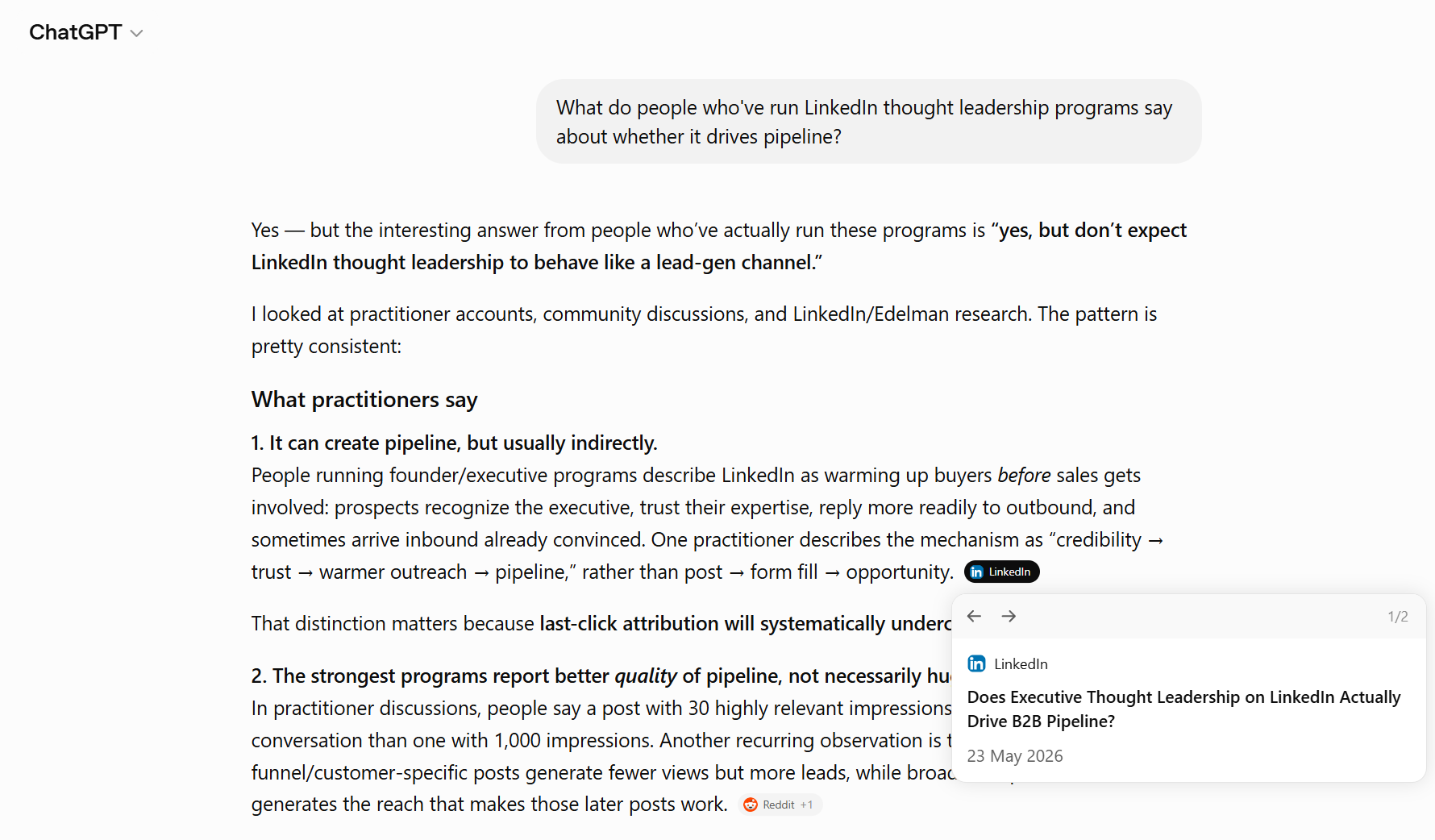 ChatGPT's source panel showing the LinkedIn post it cited when answering a B2B buying question about thought leadership and pipeline.